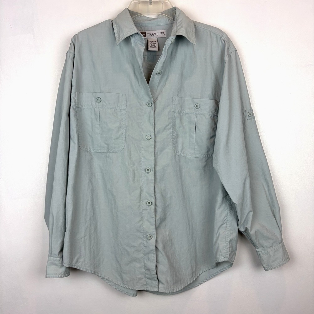 L L Bean Womens Medium Button Up Shirt Traveler Roll Tab Rip Stop Camping Hiking